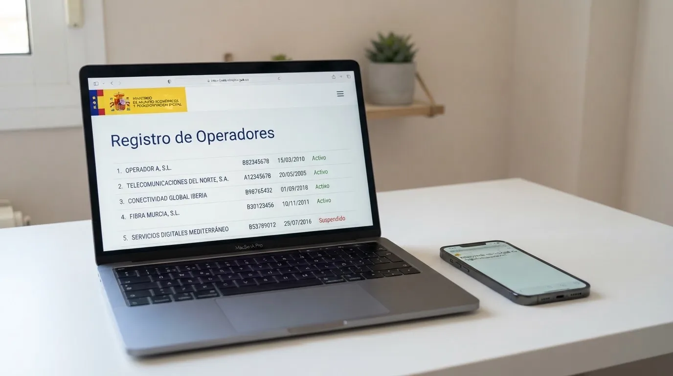 La página de inicio de la DGOJ en una pantalla de ordenador con el texto «Registro de operadores con licencia» visible junto a un smartphone que muestra un dominio .es