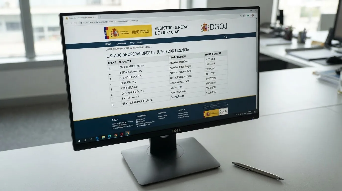 Captura parcial del sitio web de la DGOJ (ordenacionjuego.es) mostrando el listado de operadores con licencia junto a la indicación del dominio .es como garantía de operador autorizado