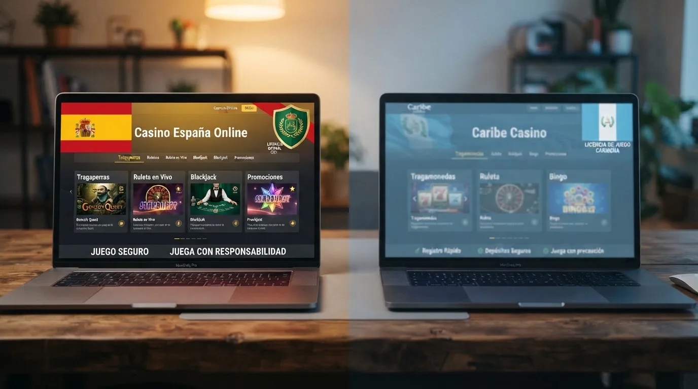 Comparativa visual entre un casino con dominio .es y los sellos de la DGOJ frente a un casino offshore con licencia de Curaçao