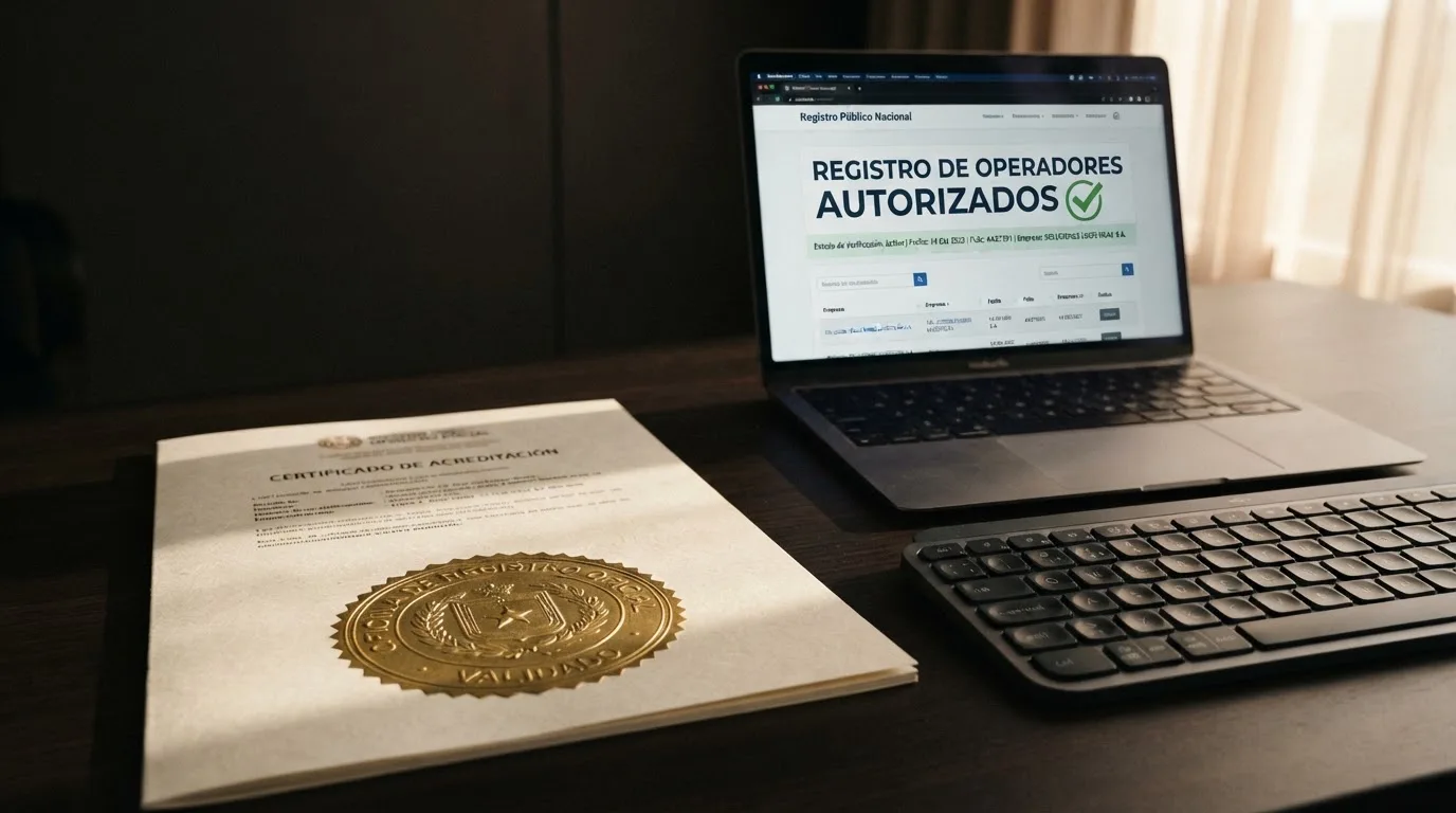 Primer plano del sello dela Dirección General de Ordenación del Juego sobre un documento oficial junto a un teclado con la pantalla mostrando el registro de operadores autorizados