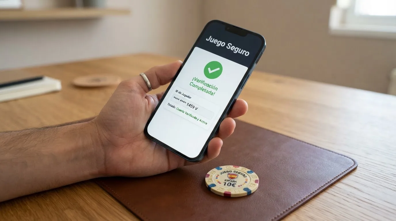 Primer plano de un documento de identidad junto a la pantalla de verificación de un casino online, con el texto «juego seguro» y el dominio .es visibles