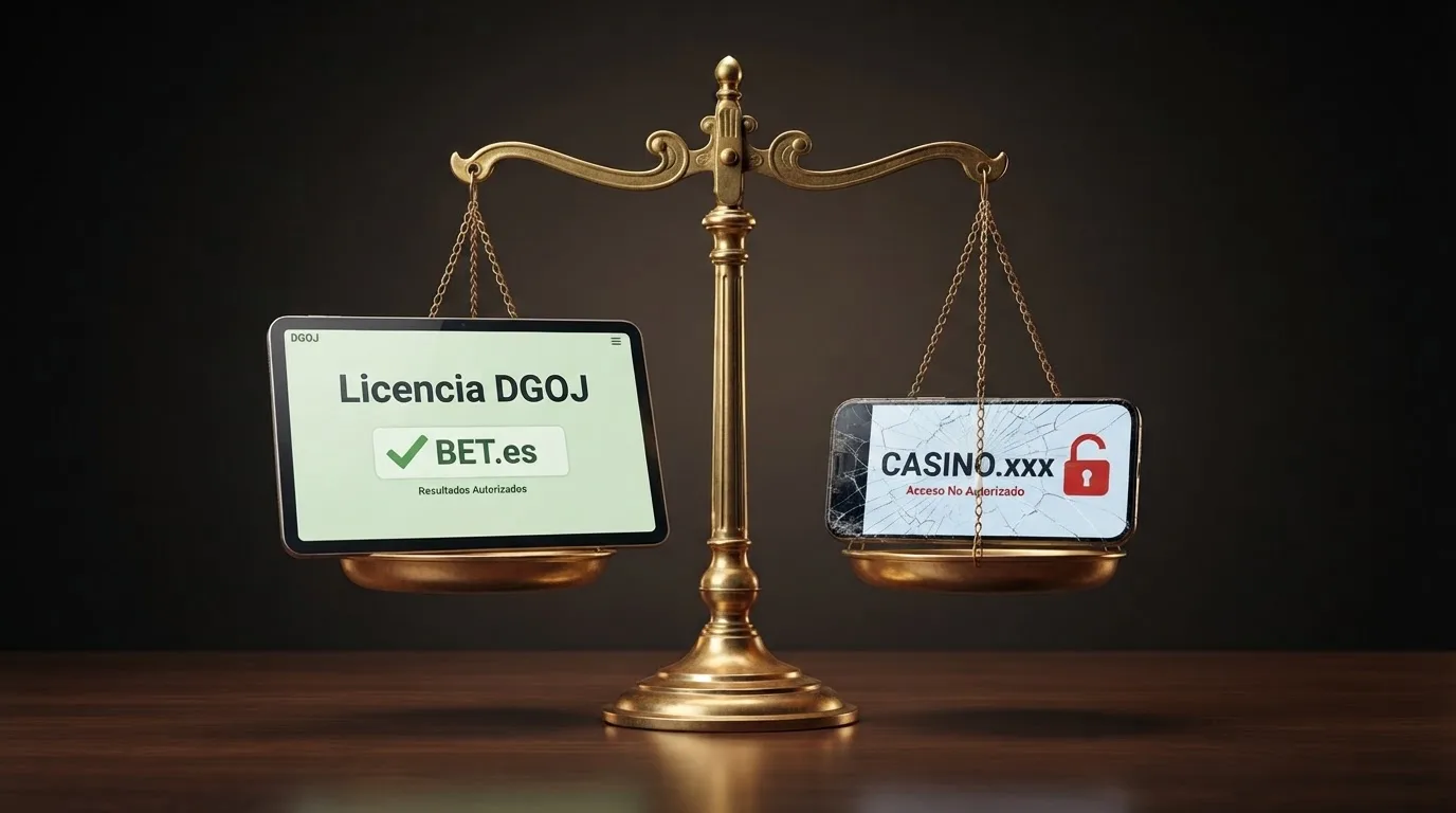 Una balanza con dos platillos: en uno, un documento oficial con el sello de la DGOJ y el dominio .es; en el otro, una pantalla rota con un dominio .com y un candado abierto