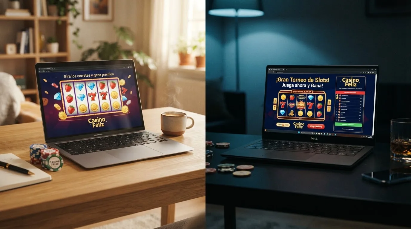 Pantalla partida: a la izquierda el portal oficial de la DGOJ con el distintivo .es, a la derecha un casino offshore con el sello de la Curazao Gaming Authority