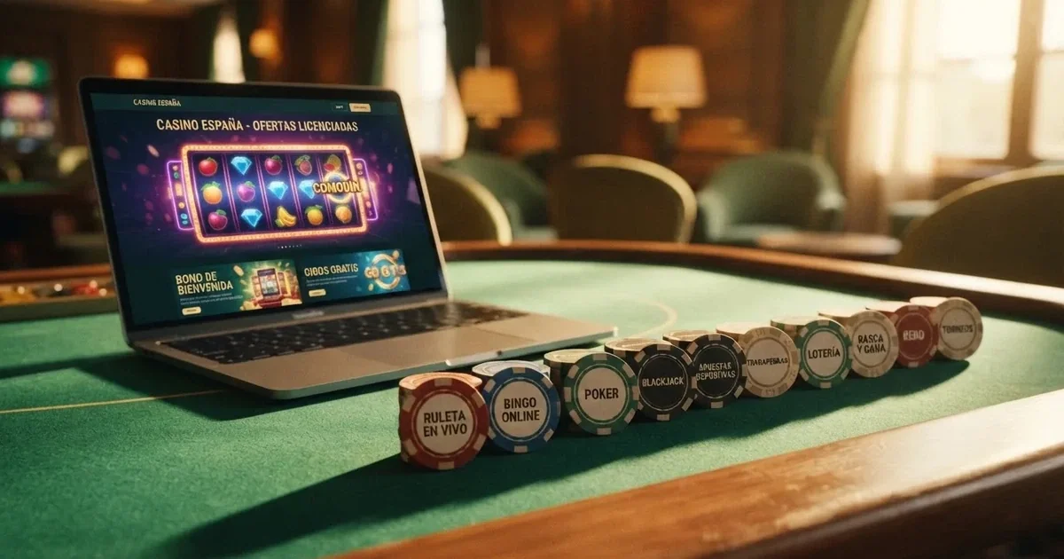 Comparativa de diez casinos online españoles con licencia DGOJ ordenados sobre una mesa de juego con fichas y una pantalla mostrando tragaperras
