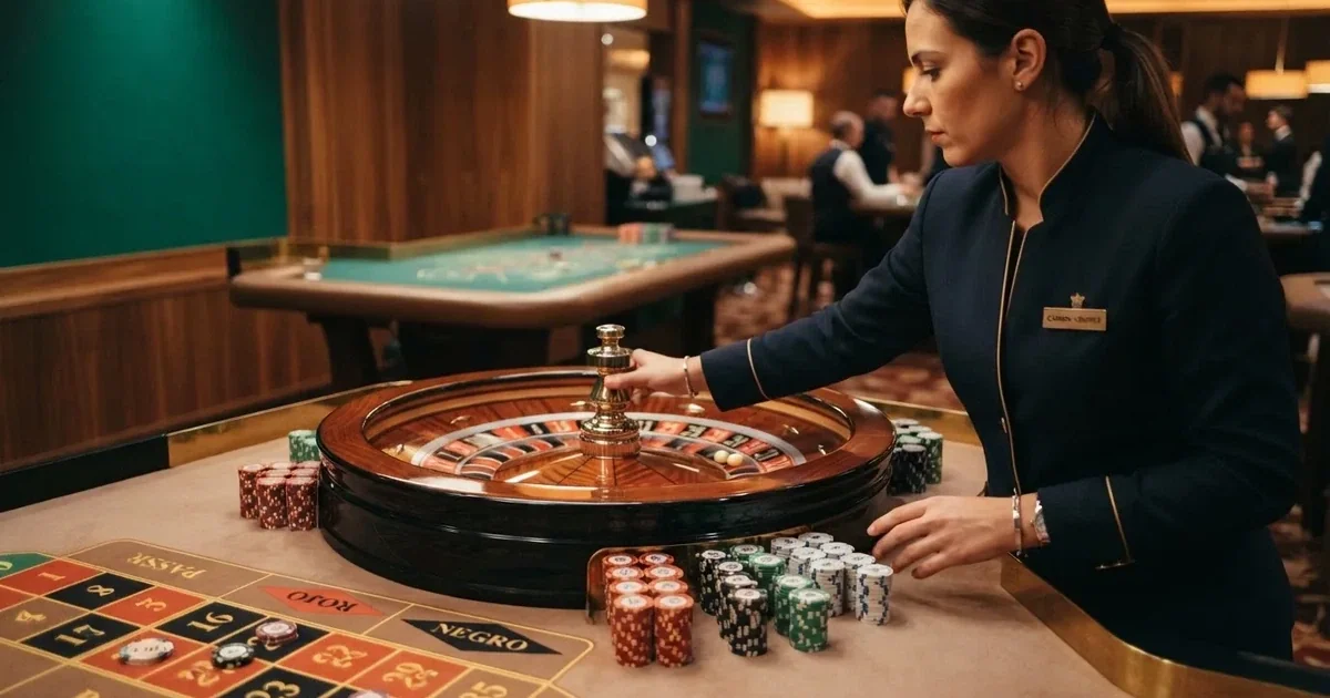 Un crupier de ruleta en vivo de Evolution Gaming sonríe mientras hace girar la rueda en un estudio con iluminación cálida, con el logotipo de Evolution visible al fondo de la mesa