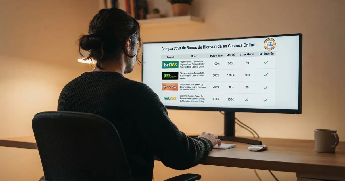 Jugador consultando una tabla comparativa de casinos online españoles con bono sin depósito en la pantalla de un ordenador, con el logo de la DGOJ visible en una esquina