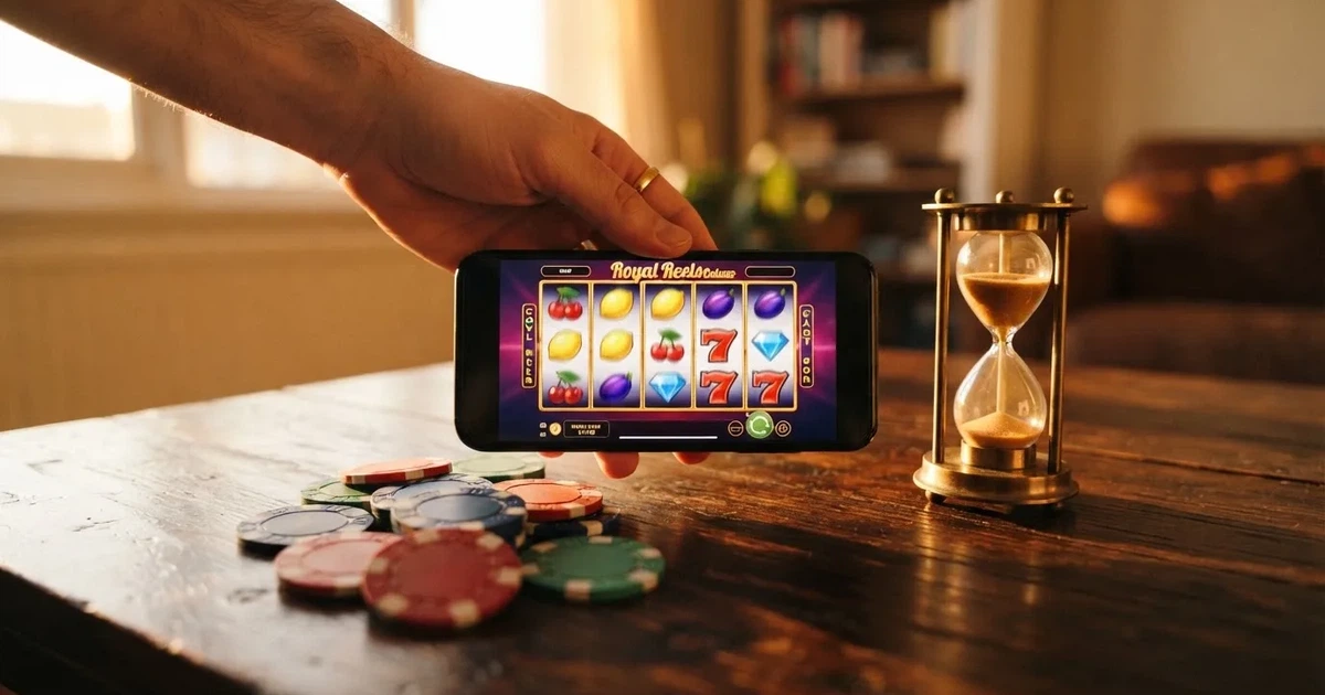 Primer plano de una mano sujetando un móvil con una ruleta de tragaperras en la pantalla, rodeada de billetes de euro y un reloj de arena marcando el paso del tiempo
