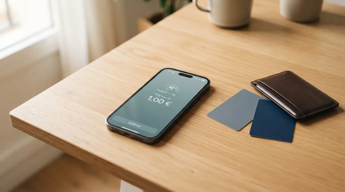 Pantalla de un teléfono móvil mostrando la interfaz de Bizum junto a tarjetas bancarias y el logotipo de un monedero digital, con la cifra 1,00 € visible