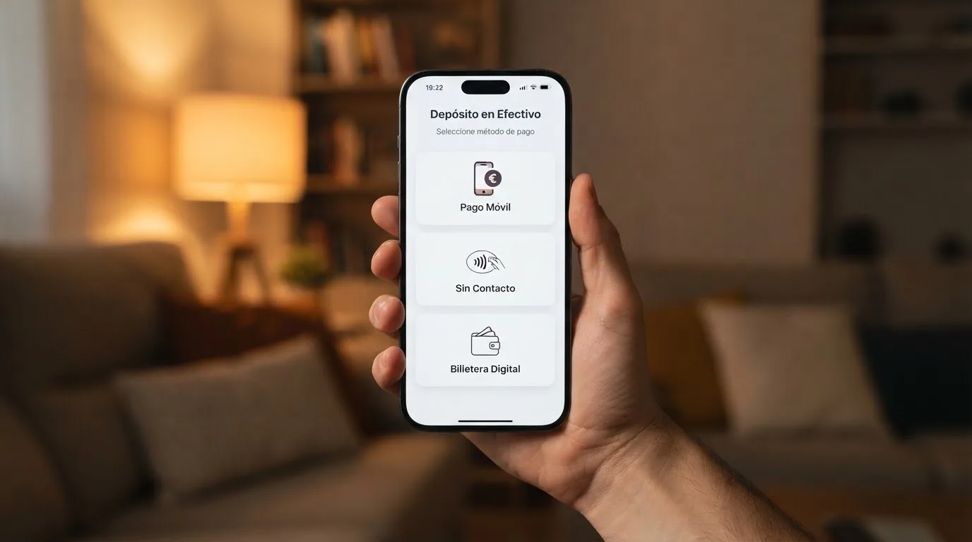 Pantalla de móvil mostrando los iconos de Bizum, Apple Pay y Google Pay como opciones de depósito en el cajero de un casino online