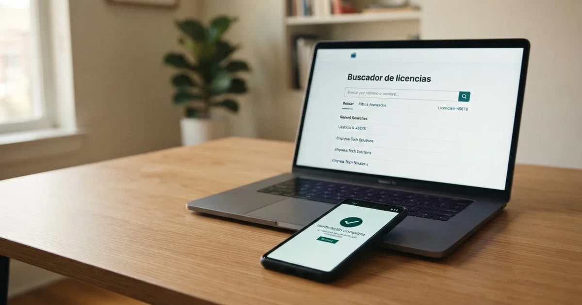 Un teléfono móvil mostrando la pantalla de verificación de licencia de un casino online español junto a un ordenador portátil con el buscador de la DGOJ abierto