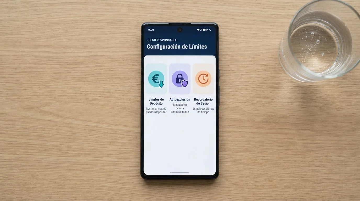 Iconos de herramientas de juego responsable en la pantalla de un casino online: límite de depósito, autoexclusión y temporizador de sesión