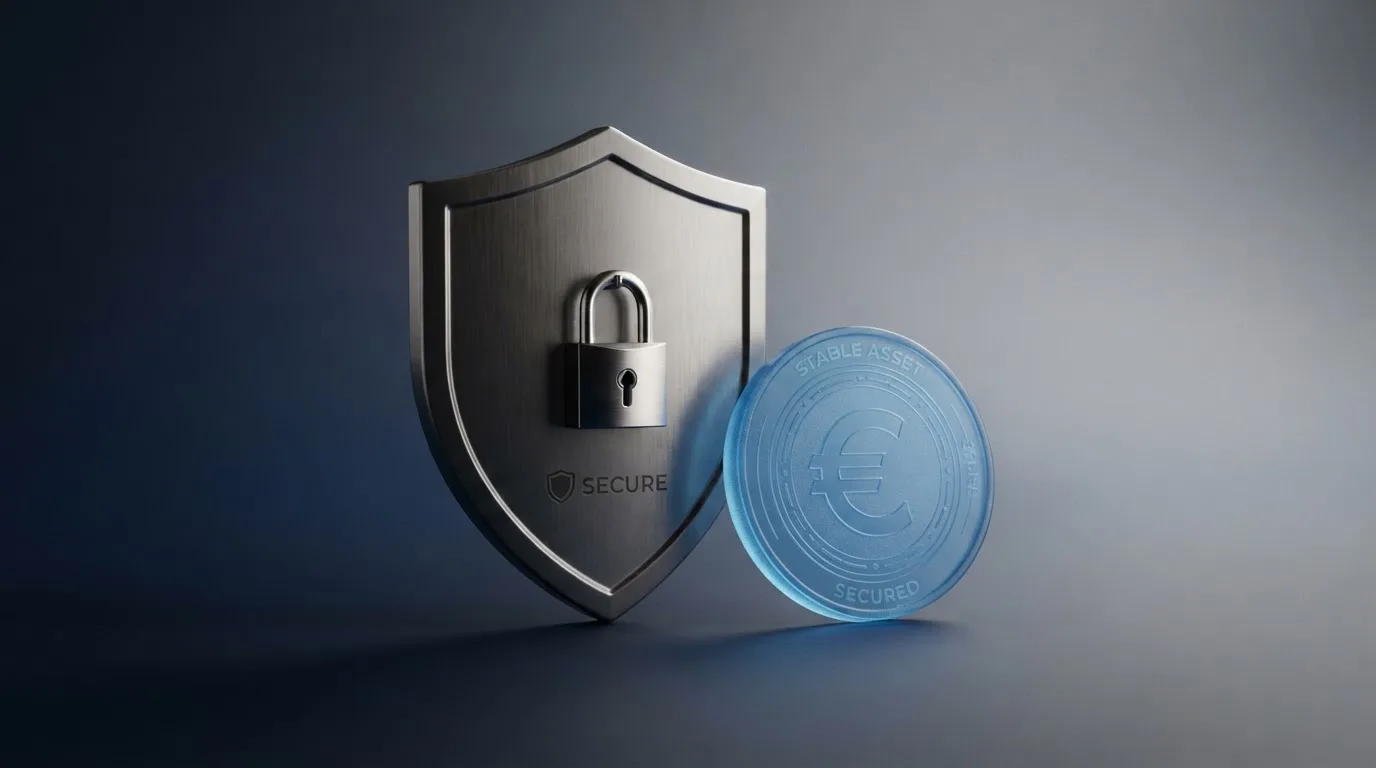 Documento oficial con sellos regulatorios europeos y españoles (MiCA, DGOJ, CNMV) sobre una mesa junto a un teclado y una pantalla con gráficos de stablecoins