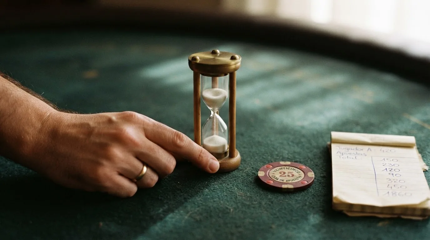 Una calculadora sobre una mesa de juego junto a una ficha de casino con un reloj de arena, representando visualmente la relación entre el requisito de apuesta y el plazo