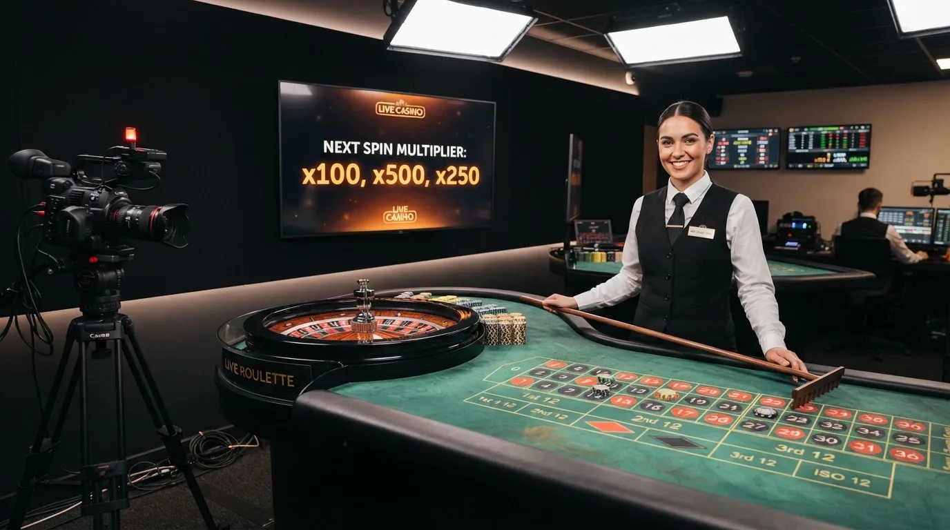 Crupier profesional en un estudio de casino en vivo con mesa de ruleta, rueda y pantalla de multiplicadores