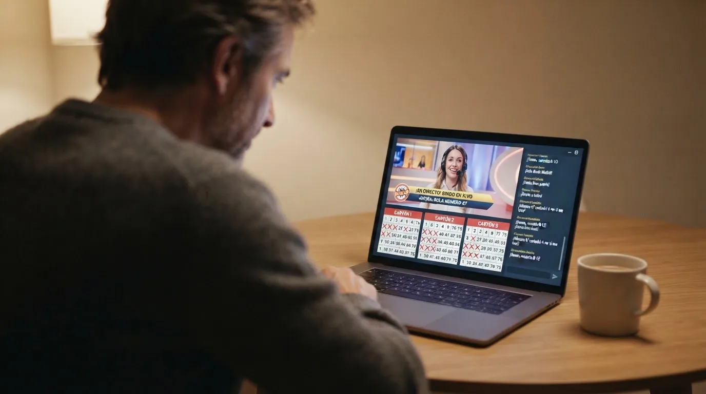 Sala de bingo online en vivo con presentador en pantalla conduciendo la partida, cartones activos con números marcados y chat de jugadores en tiempo real