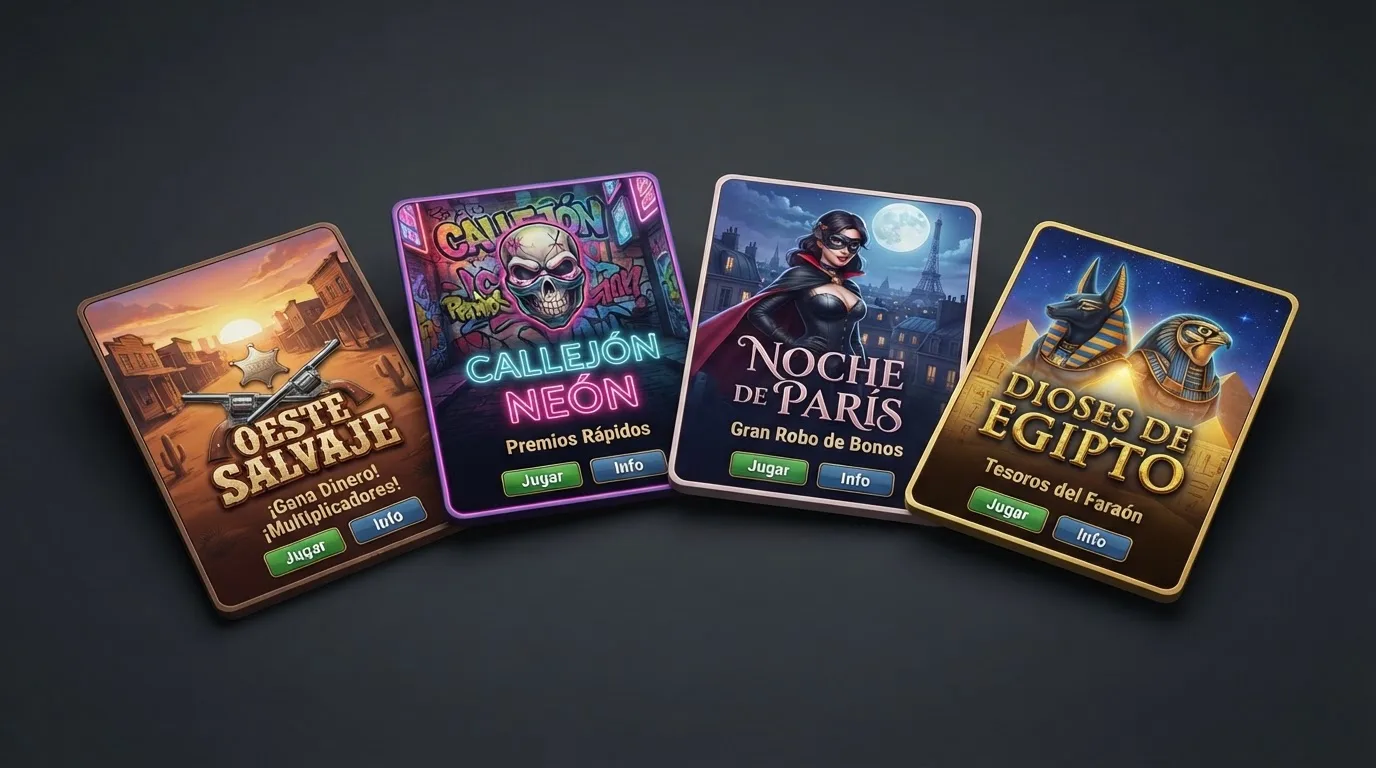 Portadas de las tragaperras más conocidas de Hacksaw Gaming: Wanted Dead or a Wild, Chaos Crew, Le Bandit y Hand of Anubis