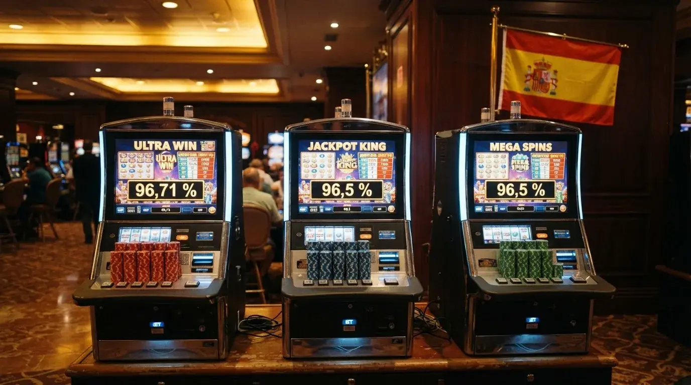 Composición de tres tragaperras con sus paneles de pagos visibles, mostrando porcentajes de RTP junto a pilas de fichas de distinto color sobre una mesa de casino con la bandera española al fondo
