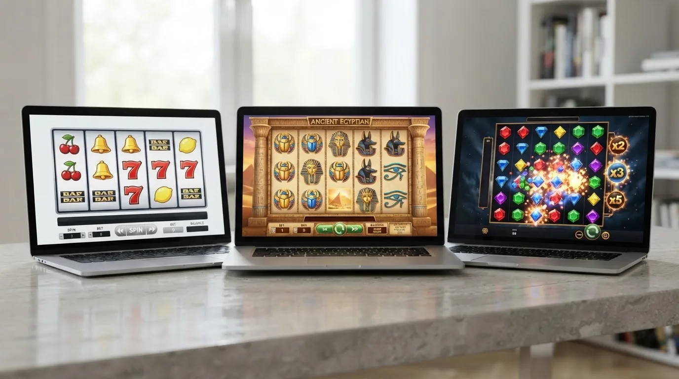 Captura de tres tragaperras online en modo demo con estilos visuales distintos: una clásica de frutas, una de temática egipcia y una video slot moderna con mecánica de cascada