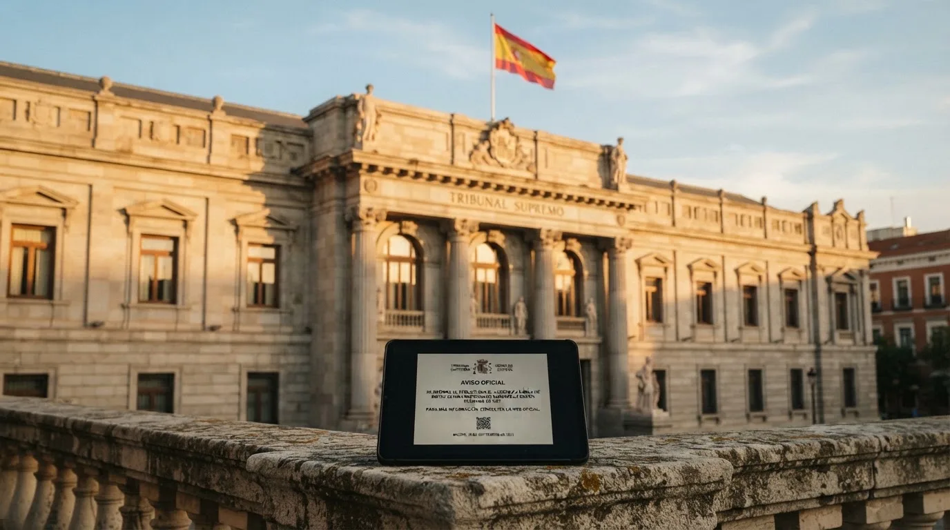 Fachada del Tribunal Supremo en Madrid junto a la bandera de España y el logotipo de la DGOJ en una pantalla