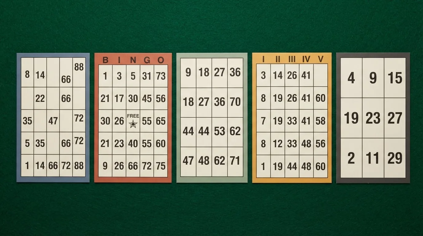 Comparativa visual de cinco cartones de bingo online con sus distintas estructuras de casillas: 90 bolas (3×9), 75 bolas (5×5), 80 bolas (4×4), 50 bolas (5 columnas) y 30 bolas (3×3)