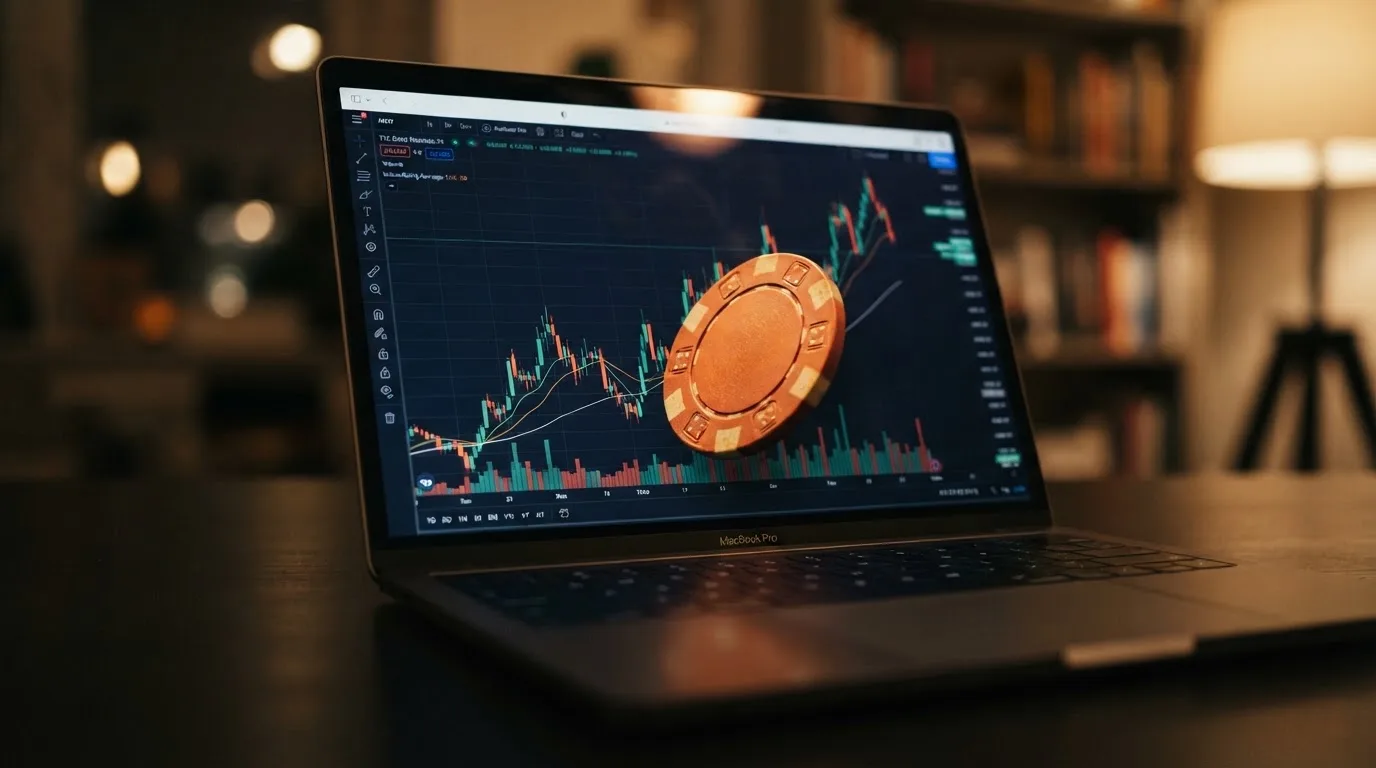 Gráfico de velas del precio de Dogecoin con una ficha de casino superpuesta que sube y baja sobre la cotización